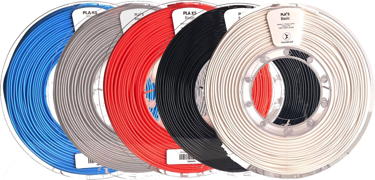 Kexcelled PLA Combideal 5 x 500g = 2,5kg (Meerblauw, Grijs, Roze, Zwart en Wit) 3D Printer filament