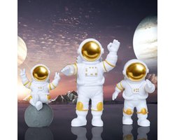 3 Stuks Decoratieve Astronautenfiguren (Goud) - Milieuvriendelijk PVC voor Taartdecoratie, Auto-interieur, Kindergeschenken & Tafeldecoratie