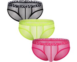 SUKREW Sheer Low-rise Brief Multipack 1x Underground Black + 1x Acid Yellow + 1x Elect Pink - MAAT L - Erotisch Heren Ondergoed - Slip voor Man - Sexy mannen Slip