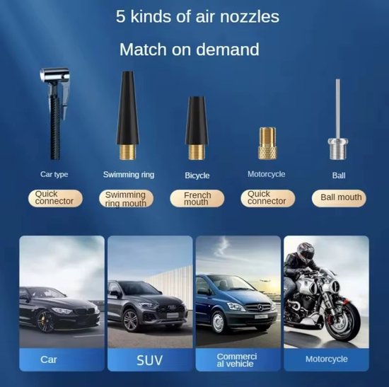 GUUUS® Elektrische Luchtpomp - Universeel & Automatisch - Voor Auto, Motor, Fiets, Scooter, Voetbal & Luchtbed - Krachtig tot 10.3 Bar - 7000mAh Powerbankfunctie - Incl. Opbergzakje van Merkloos — afbeelding 5
