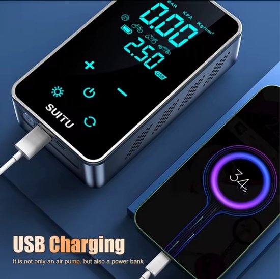 GUUUS® Elektrische Luchtpomp - Universeel & Automatisch - Voor Auto, Motor, Fiets, Scooter, Voetbal & Luchtbed - Krachtig tot 10.3 Bar - 7000mAh Powerbankfunctie - Incl. Opbergzakje van Merkloos — afbeelding 2