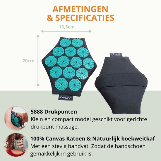 Flowee Relaxset PRO - Spijkermat ECO, spijkerkussen, spijkermat klein & - massagehand + Oogkussen - Grijs met zeegroen - Vulling Kokosvezels & Boekweitkaf & Lavendel (77x45+22x44cm) - Acupressuur Mat - Spijkerbed - Shakti Massage - Vijf jaar Garantie