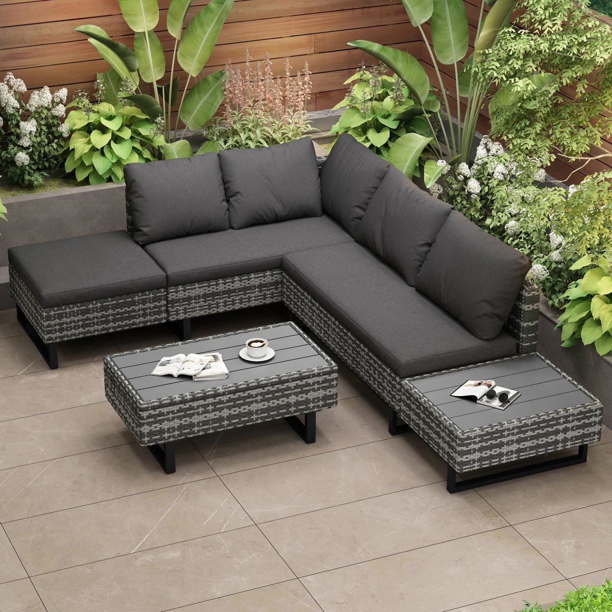 Polyester rotan set - tuinset - sofa lounge - tuinlounge voor 4-5 personen - lounge met hoekbank - tafel en kussen - grijs