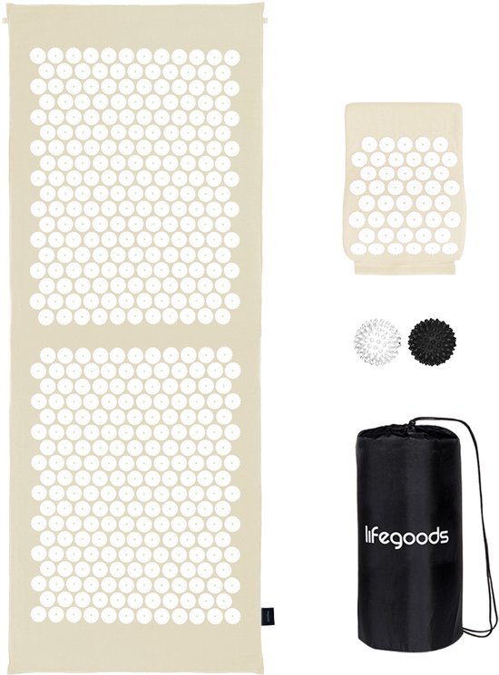 LifeGoods Acupressuur Mat XL - 128x48x2cm - Spijkermat met Kussen - Shakti mat - Spijkerbed Incl. 2x Triggerpoint Bal - Beige/Wit