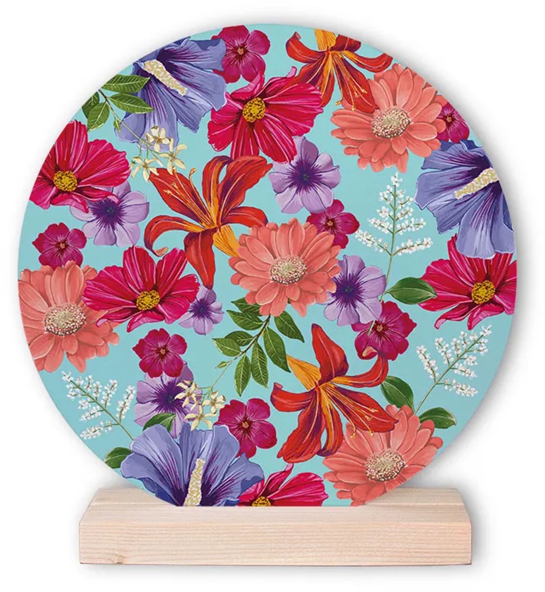 Interieur cirkel BOLD FLOWERS - Muurdecoratie - 20cm - Ronde wanddecoratie - met houten voetje
