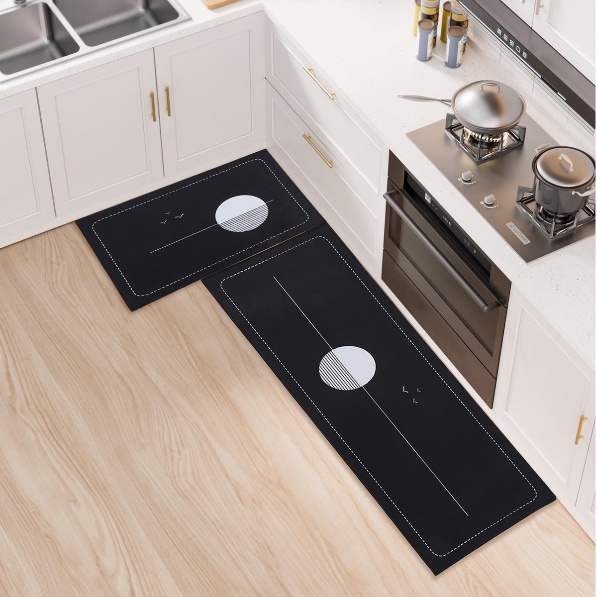 Ibenzoa® Set van Twee Antislip Keukenmatten, Polyester, Perfect voor Diverse Oppervlakken, 43 x 75 cm en 43 x 120 cm, Zwart