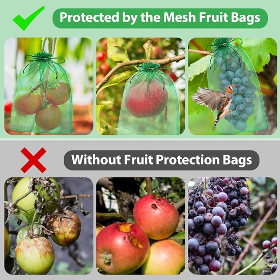 KZQ 100 pièces - Housses de protection pour fruits - Sacs en filet avec cordon de serrage - Pour la culture de fruits, fleurs et légumes - Sacs en filet 15 x 20 cm - Vert