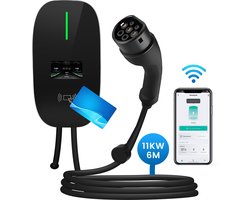 JUNSUN 11kW 16A 3-Fase Oplaadpunt- Type 2 Laadpaal met App/WiFi Bediening, 6M Kabel + RFID - 6A/8A/10A/13A/16A Schakelbaar