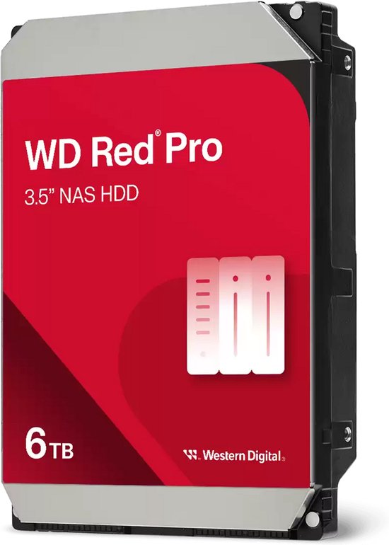 WD Red Pro 6TB 3.5" NAS HDD met rode voorkant en zilveren zijkanten. Witte iconen tonen drie bays.