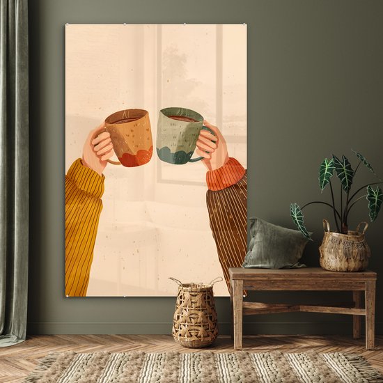 MuchoWow® Glasschilderij 100x150 cm - Schilderij acrylglas - Illustratie - Mokken - Proosten - Bruin - Foto op glas - Muurdecoratie woonkamer - Wanddecoratie slaapkamer - Schilderijen