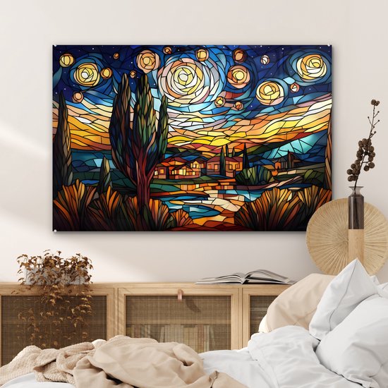 MuchoWow® Tableau sur verre 120x80 cm - Tableau sur verre acrylique - Ciel - Étoiles - Mosaïque - Maisons - Photo sur verre - Décoration murale salon - Décoration murale chambre - Peintures