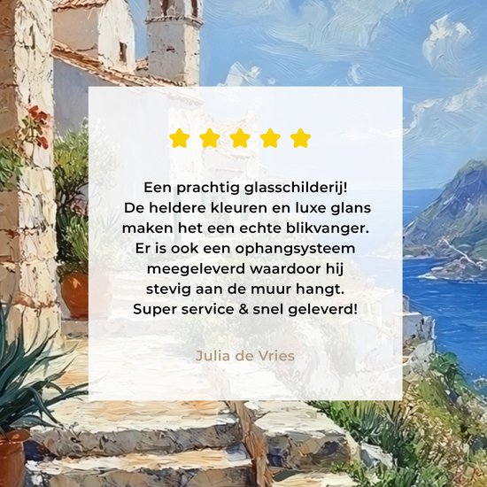 MuchoWow® Glasschilderij 120x90 cm - Schilderij acrylglas - Trap - Huizen - Berglandschap - Zee - Foto op glas - Muurdecoratie woonkamer - Wanddecoratie slaapkamer - Schilderijen