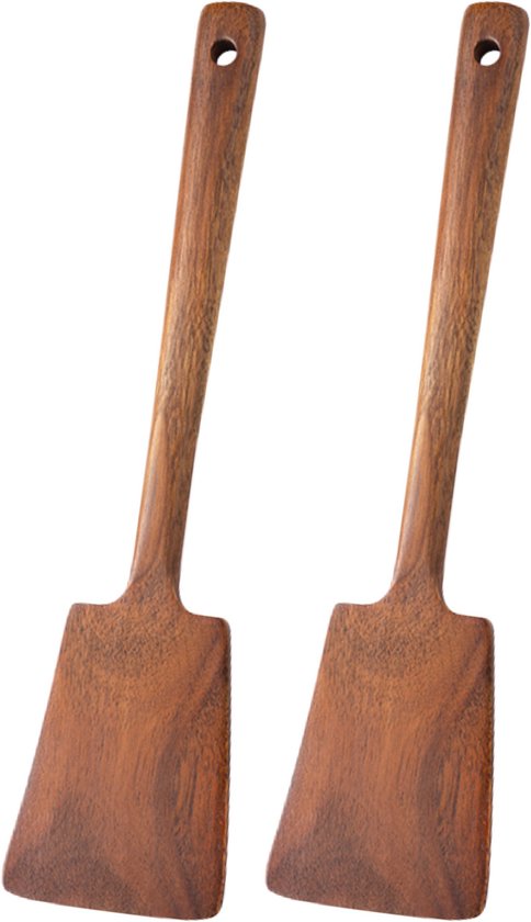 Deux spatules en bois avec de longs manches fins et de larges têtes plates.