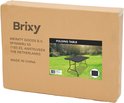 Kartonnen verpakking met de tekst "Brixy FOLDING TABLE MADE IN CHINA". Een afbeelding toont een zwarte, opklapbare tafel in een grasrijke omgeving.
