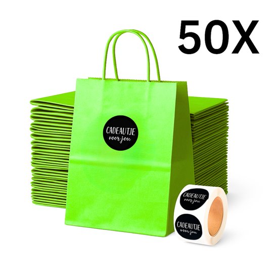 Papieren Draagtas (S) - Lime Groen - (Inclusief Zwarte Stickers “Cadeautje voor jou”) - 50 Stuks - 18x8x22 cm - Papieren Tasjes - Kraft Tas - Tassen - Cadeau Tas - Hoogwaardig Natron Kraft Papier - Eco-vriendelijk