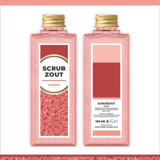 Roze flesje Scrub Zout Rozen met gouden dop. Op het etiket staan rode rozen afgebeeld.