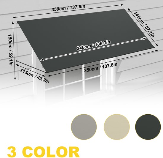 Aufun Parasol de balcon résistant aux UV - Store manuel rétractable en polyester et acier, store télescopique - store de balcon réglable en hauteur et en inclinaison Parasol de balcon - 350 x 145 cm - anthracite
