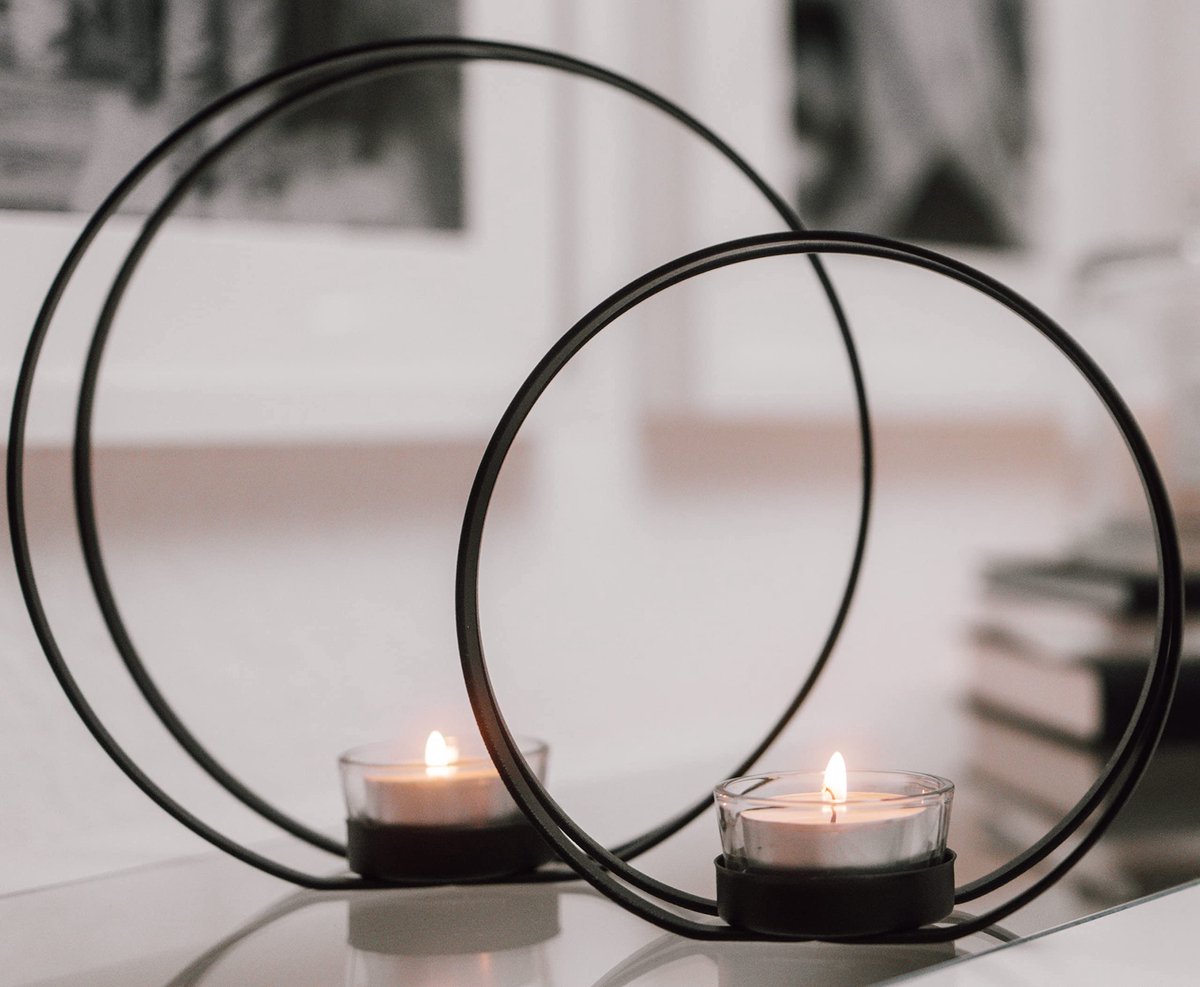 Ibenzoa Elegant Zwart Theelichtset met Windlicht – Twee Theelichthouders voor een Tijdloze Sfeer Bruin