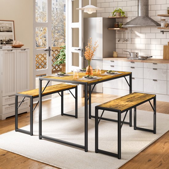 Bealife TB43 Eetkamerset Keukentafel en 2 Bank voor 4 personen - 4-Delige Eettafelset voor Kleine Ruimtes Appartement - Bruin