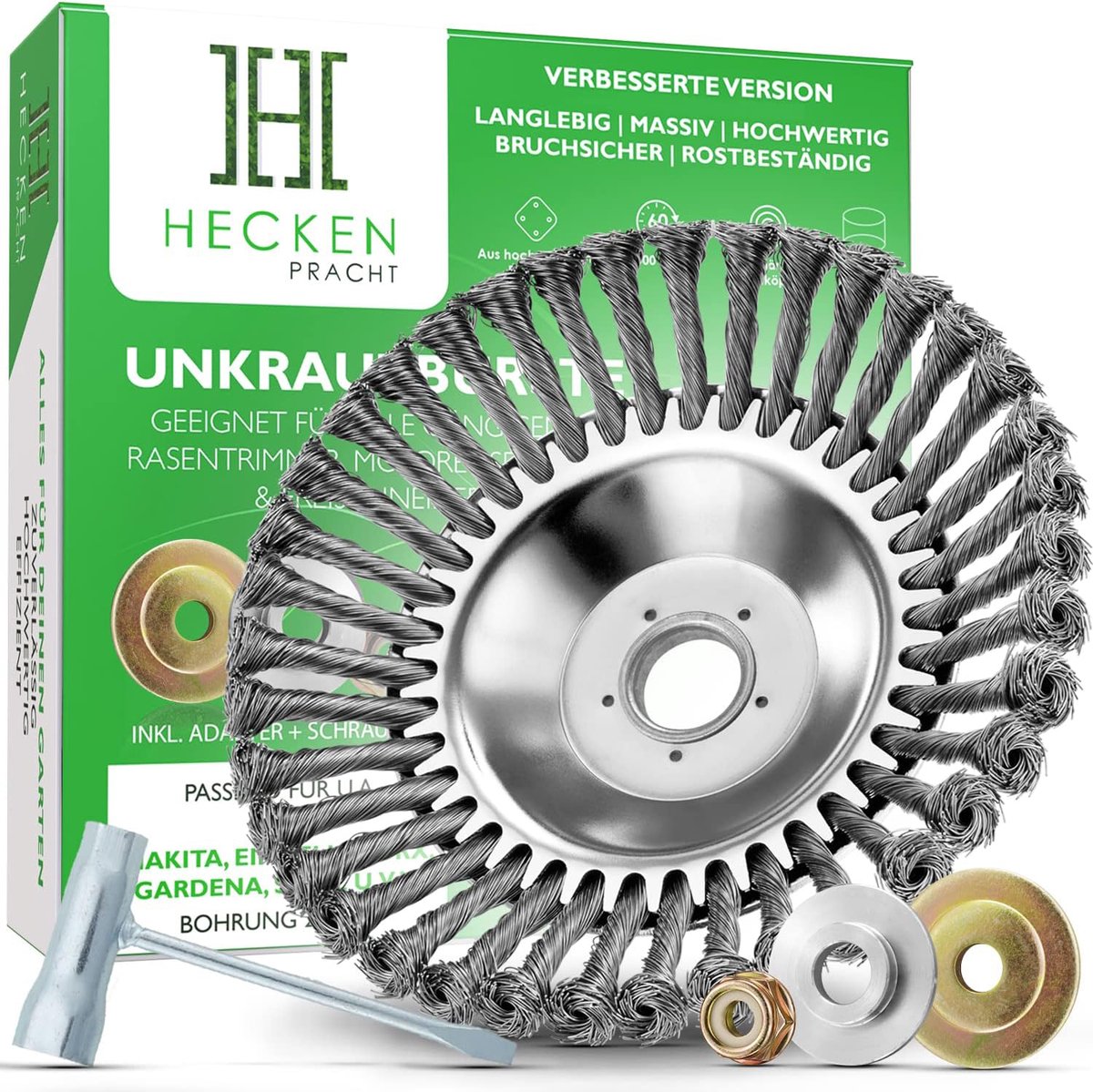 Heckenpracht Professionele Onkruidborstel met 25,4 mm Boring | Hoogwaardige Onkruid Borstel voor Effectieve Onkruidverwijdering | Draadborstel Inclusief Adapter | Effectieve Mosverwijdering | Voor Bosmaaier