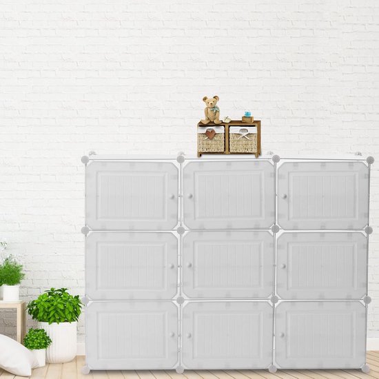 TRMLBE Opbergrek met 6 Kubusvakken DIY-kledingkast van Kunststof Draagbaar Kastje met deuren Kledingkast Schoenenrek, voor Kleding Schoenen Boeken Speelgoed - Wit