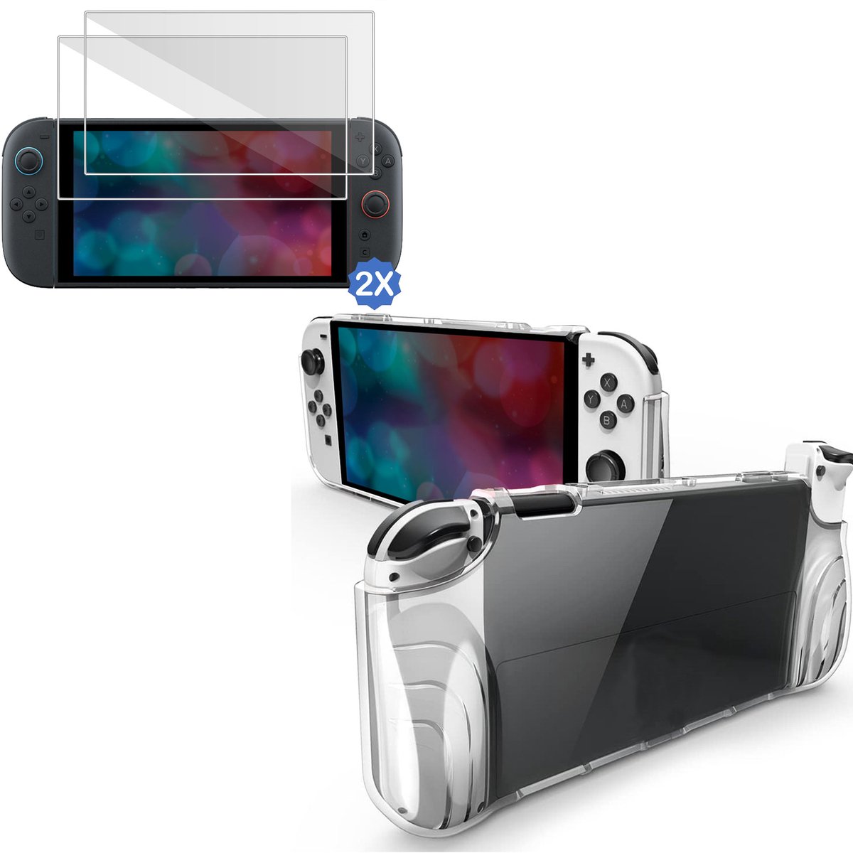 Hoesje + 2x Screenprotector geschikt voor Nintendo Switch 2 Hoesje Screenprotector - Tempered Glass - Extreme Shock Case Transparant