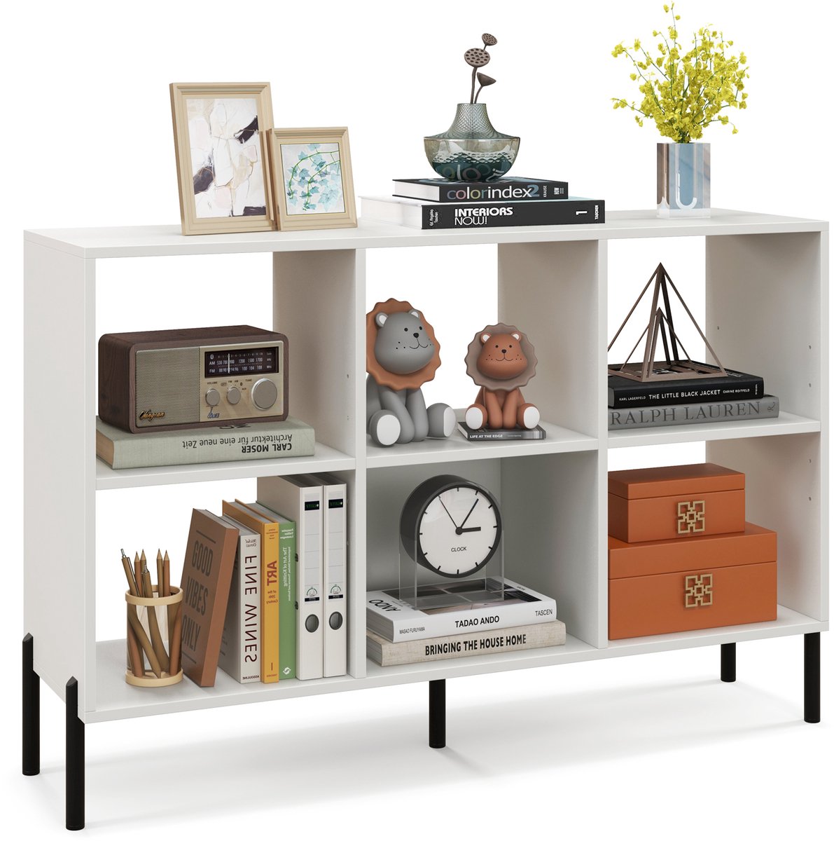 Costway Boekenkast met 6 vakken, staand rek met verhoogde metalen poten en verstelbare planken, kubusrek, opbergrek voor woonkamer, slaapkamer, werkkamer, 120 x 35 x 79,5 cm, wit