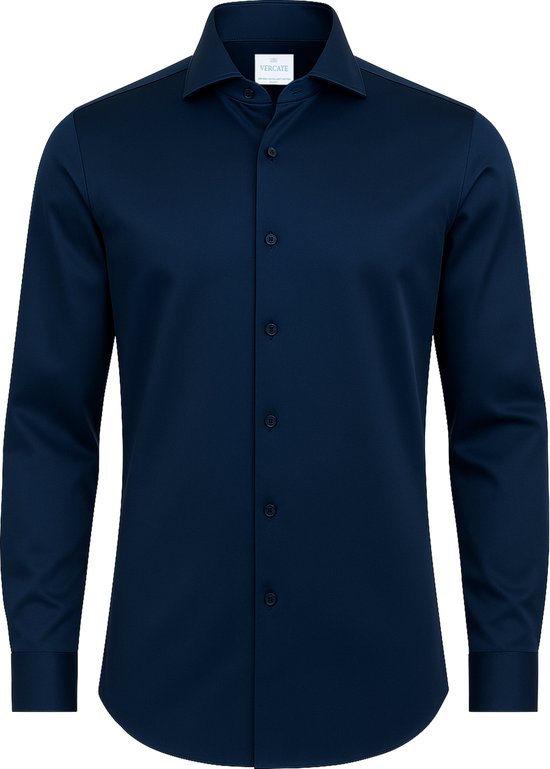 Vercate - Strijkvrij Overhemd - Navy - Marine Blauw - Slim Fit - Katoen Satijn - Lange Mouw - Heren - Maat 43/XL