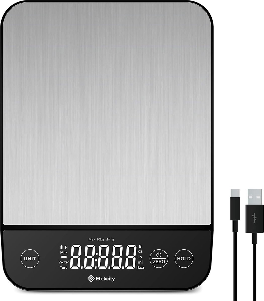 Digitale keukenweegschaal met roestvrijstalen plaat, USB-oplaadbaar, waterdicht, tot 10 kg met LED-display en hoge precisie