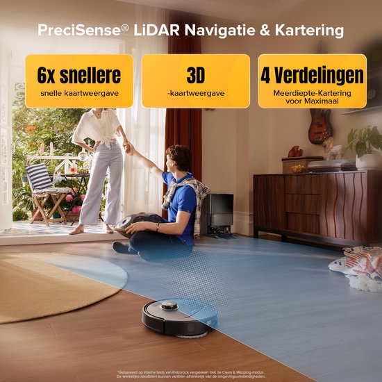 Man en vrouw kijken naar Roborock robotstofzuiger met PreciSense LiDAR navigatie.