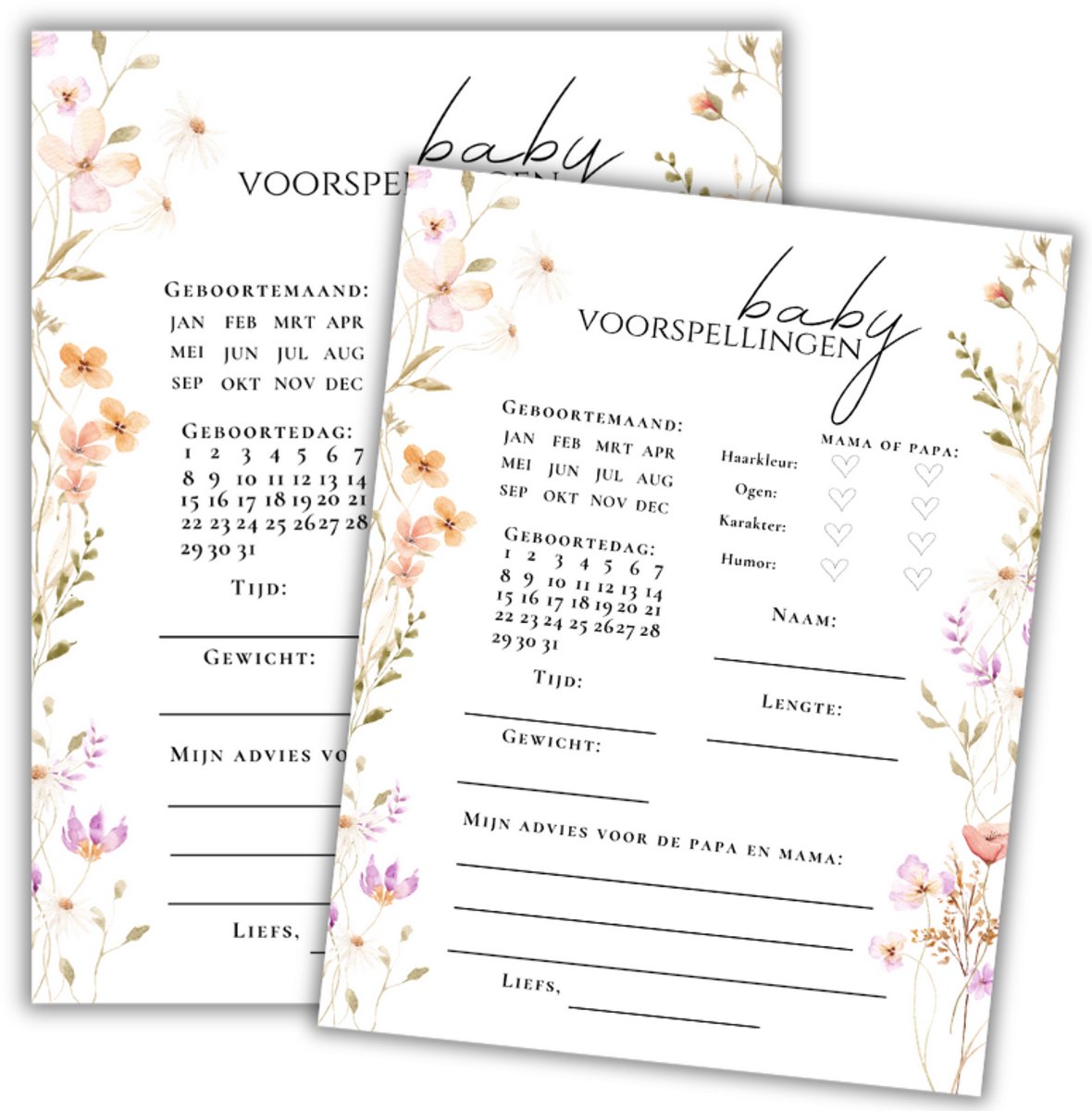 Babyshower invulkaarten - 20 Stuks Babyshower- Babyshower Spelletje - Voorspellingen Kaartjes - Babyshower Meisje Strikjes - Invulkaarten - Bloemetjes Babyshower
