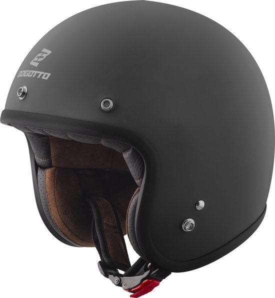 Casque jet noir mat Bogotto avec doublure marron et jugulaire.