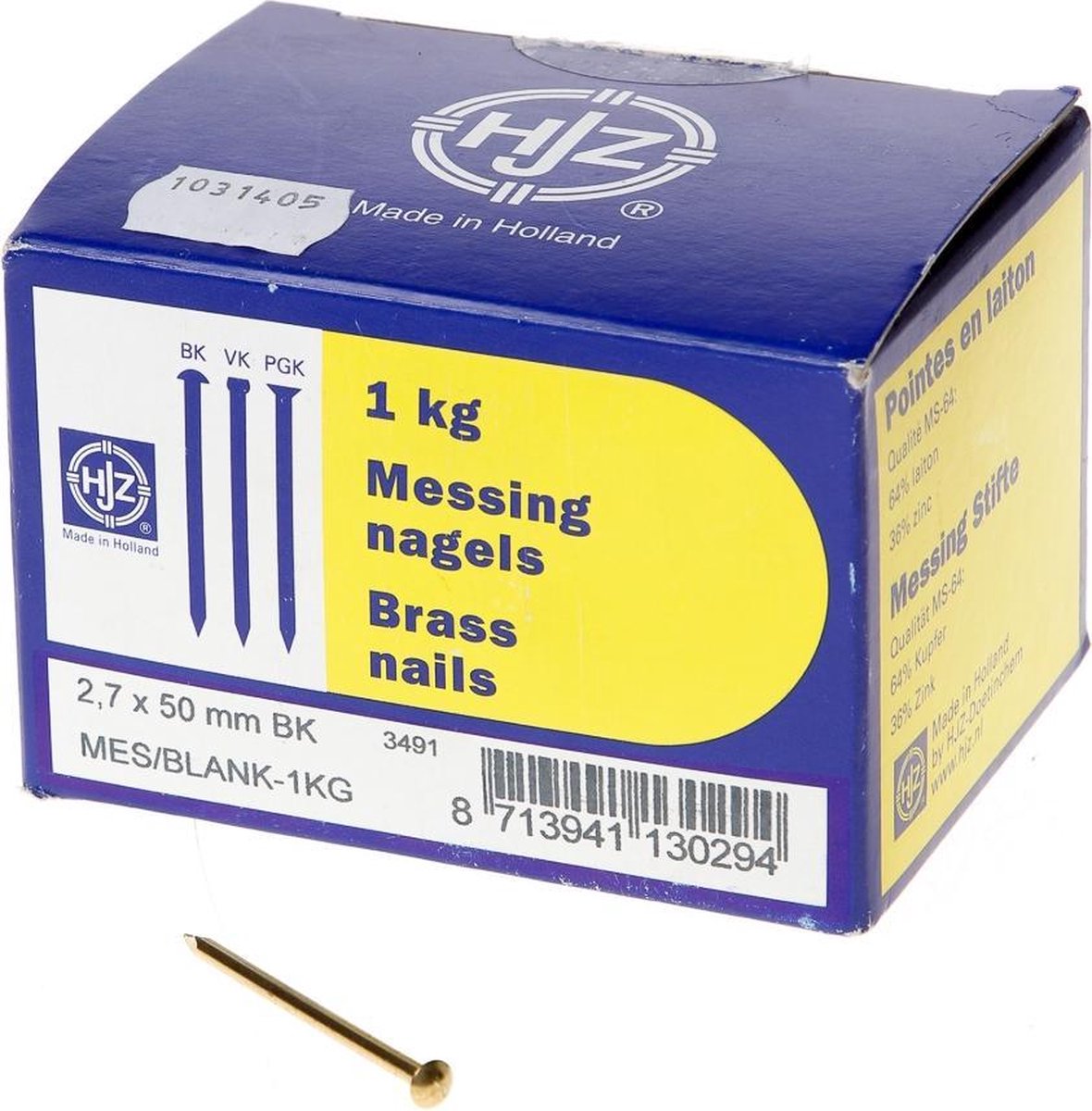 Hjz Messing nagels bombe kop 2.7 x 50mm 1kg