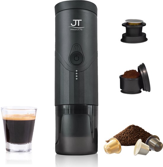 JT Products draagbare espressomachine zwart – oplaadbaar – capsules en gemalen koffie
