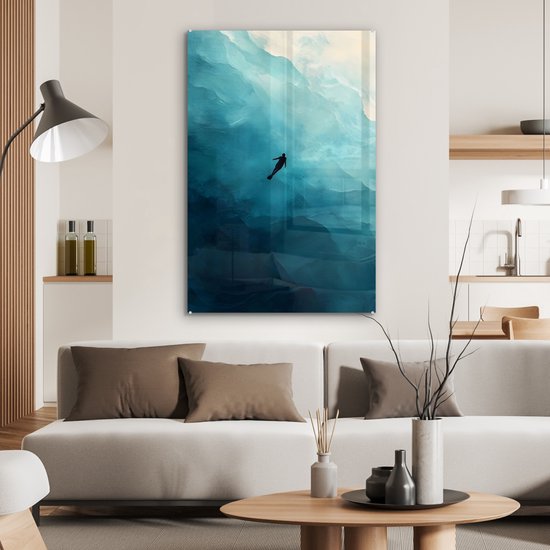 MuchoWow® Glasschilderij 80x120 cm - Schilderij acrylglas - Zee - Silhouet - Abstract - Blauw - Foto op glas - Muurdecoratie woonkamer - Wanddecoratie slaapkamer - Schilderijen