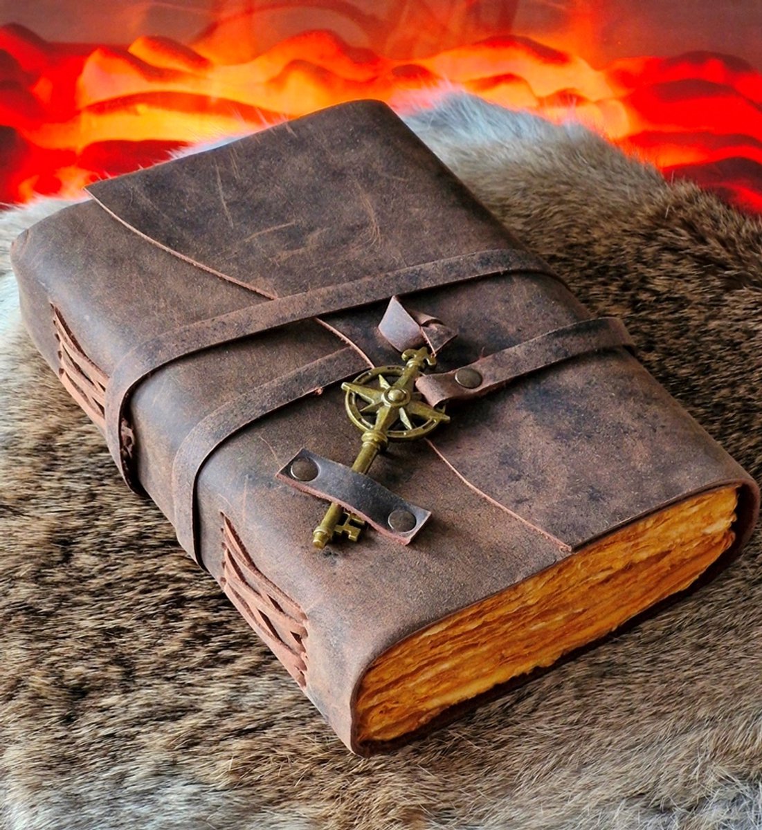 Leren Deckle-edge Notitieboek met Windroos Sleutel - Leren Schrijfboek met Windroos Sleutel - Leren Journal met Windroos Sleutel - Leren Dagboek met Windroos Sleutel - Leather Journal Wind Rose Key - (lxbxd) ca. 18cm x 13cm x 4cm
