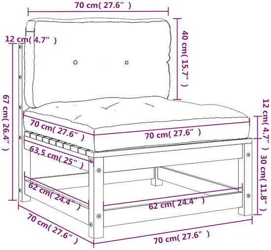 Technische tekening van een houten tuinfauteuil met afmetingen.