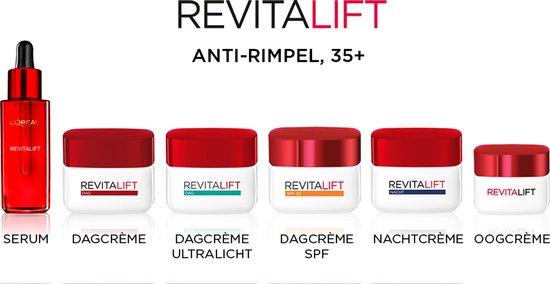 Reeks L'Oréal Revitalift producten: serum, dagcrème, dagcrème ultralicht, dagcrème SPF, nachtcrème, oogcrème.