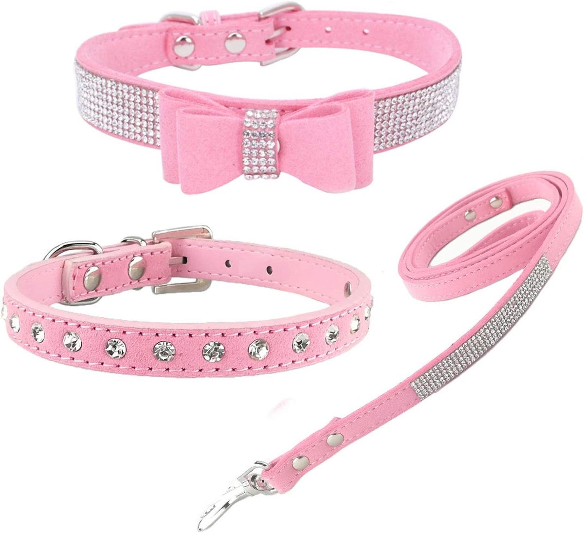Stijlvolle set hondenhalsband en riemen - zachte suède bling halsband met vlinderdas voor kleine honden en katten - roze - XXS