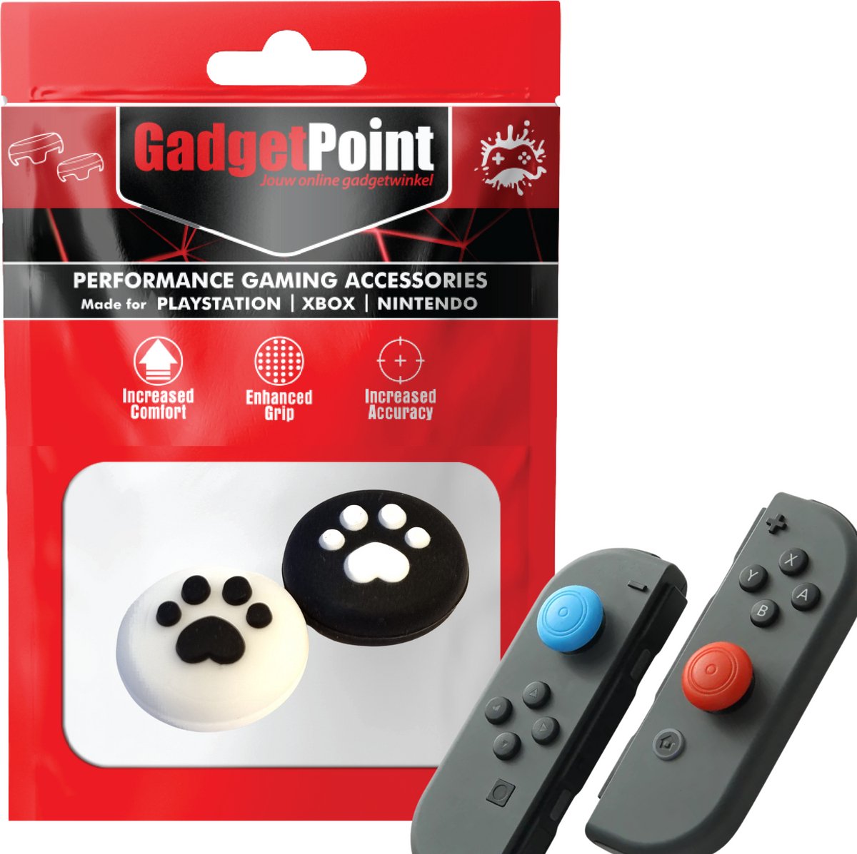 Gadgetpoint | Gaming Thumb Grips | Performance Thumbsticks | Accessoires geschikt voor Nintendo Switch Joy-Con Controller(s) | Thumbgrips | Pootjes - Wit met Zwart/Zwart met Wit