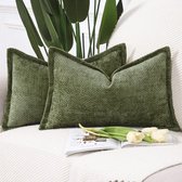 Unyqoos ® Set de 2 Housses de coussin de Luxe en chenille vert mousse avec dos en velours et franges décoratives