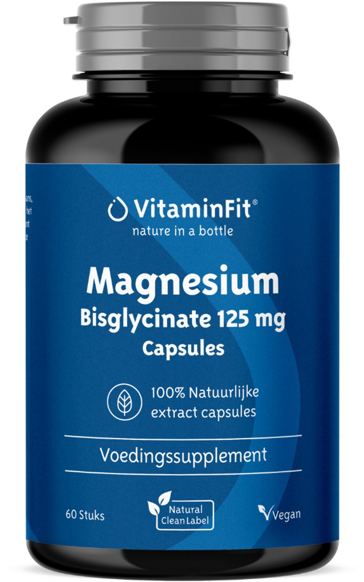 Goedkoopste VitaminFit Magnesium Bisglycinaat 125 mg Capsules - 100 Natuurlijk & Plantaardig - 60 Capsules - Bisglycinaat vorm