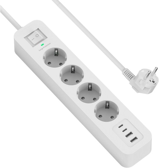 Witte stekkerdoos met 4 stopcontacten, 2 USB-poorten, aan/uit-schakelaar en een stekker