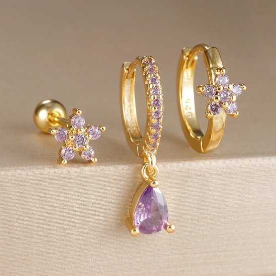 Ensemble de boucles d'oreilles fleur avec pierres de zircone - Argent sterling 925 - Boucles d'oreilles pour femmes plaquées or 18 carats - Bijoux pour femmes - Violet