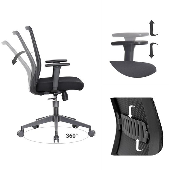 Zwarte ergonomische bureaustoel met verstelbare rugleuning en armleuningen. 360 graden draaibaar.