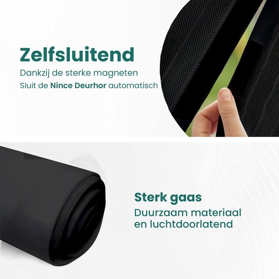 Zelfsluitende zwarte deurhor van sterk, ademend gaas.