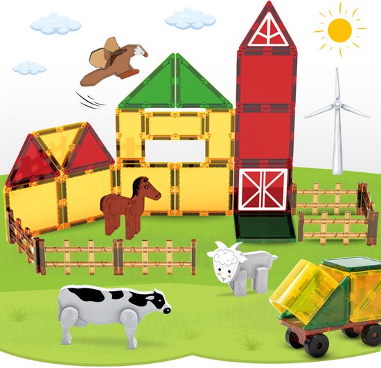 Fits4Kids® Magnetic Tiles 76 Stuks - Magnetische Bouwtegels - STEM Educatief Speelgoed voor Creatief Bouwen - Magnetisch Speelgoed - Magna Bouwstenen - Farmyard Frenzy - 3 4 5 6 7 8 9 Jaar