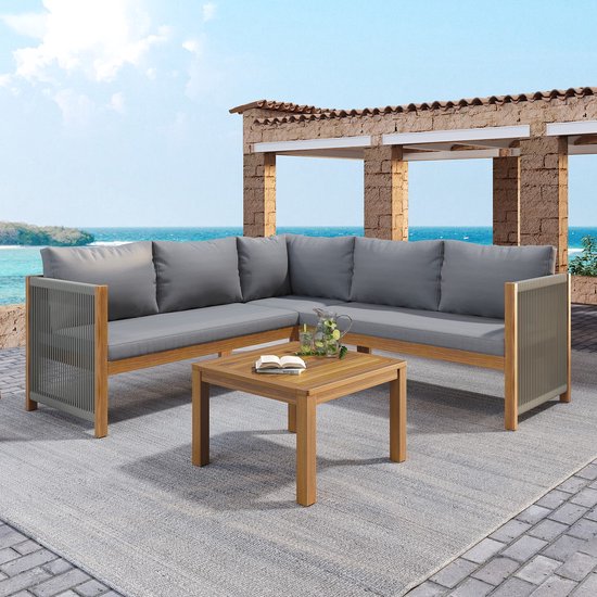 Sweiko Tuin loungeset - Hoekbank + Salontafel - Acaciahouten frame + tafelblad - Gevlochten touwwerk - Grijs
