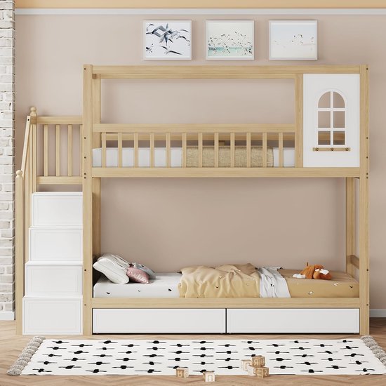 Onderling opvouwbaar kinderbed 90x200/190 cm - met stapelbed - met tobogán en rechte ladder van 4 treden