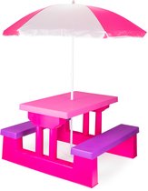 COIL Kindertafels, Tuintafels, Kinderpicknicktafel met Banken, Parasol, Kinderbank, UV-bescherming, Roze